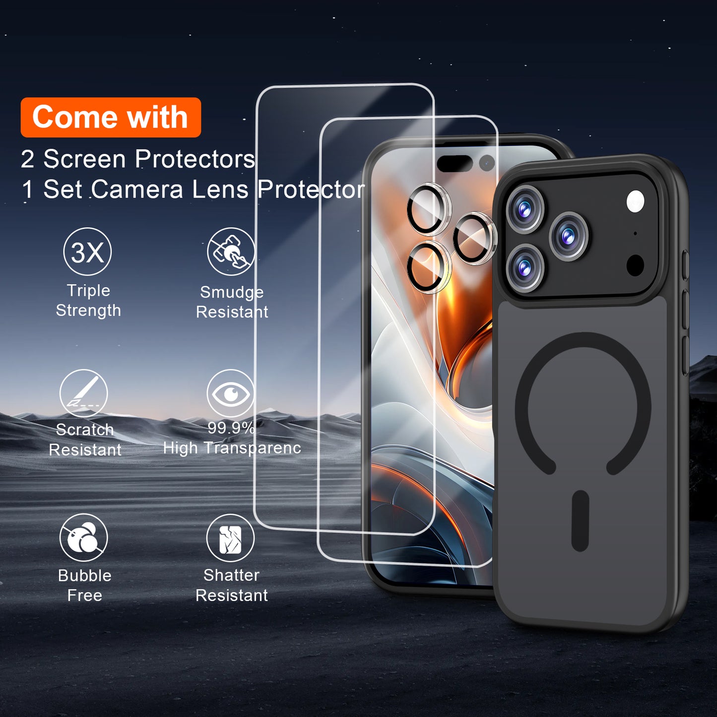 QHOHQ Case for iPhone 17 Pro with 2 Tempered Glass and 1 Set Camera Protection, Compatible with MagSafe, Military Standard Protection, Magnetic Mobile Phone Case, Translucent Matt Back Protective Case