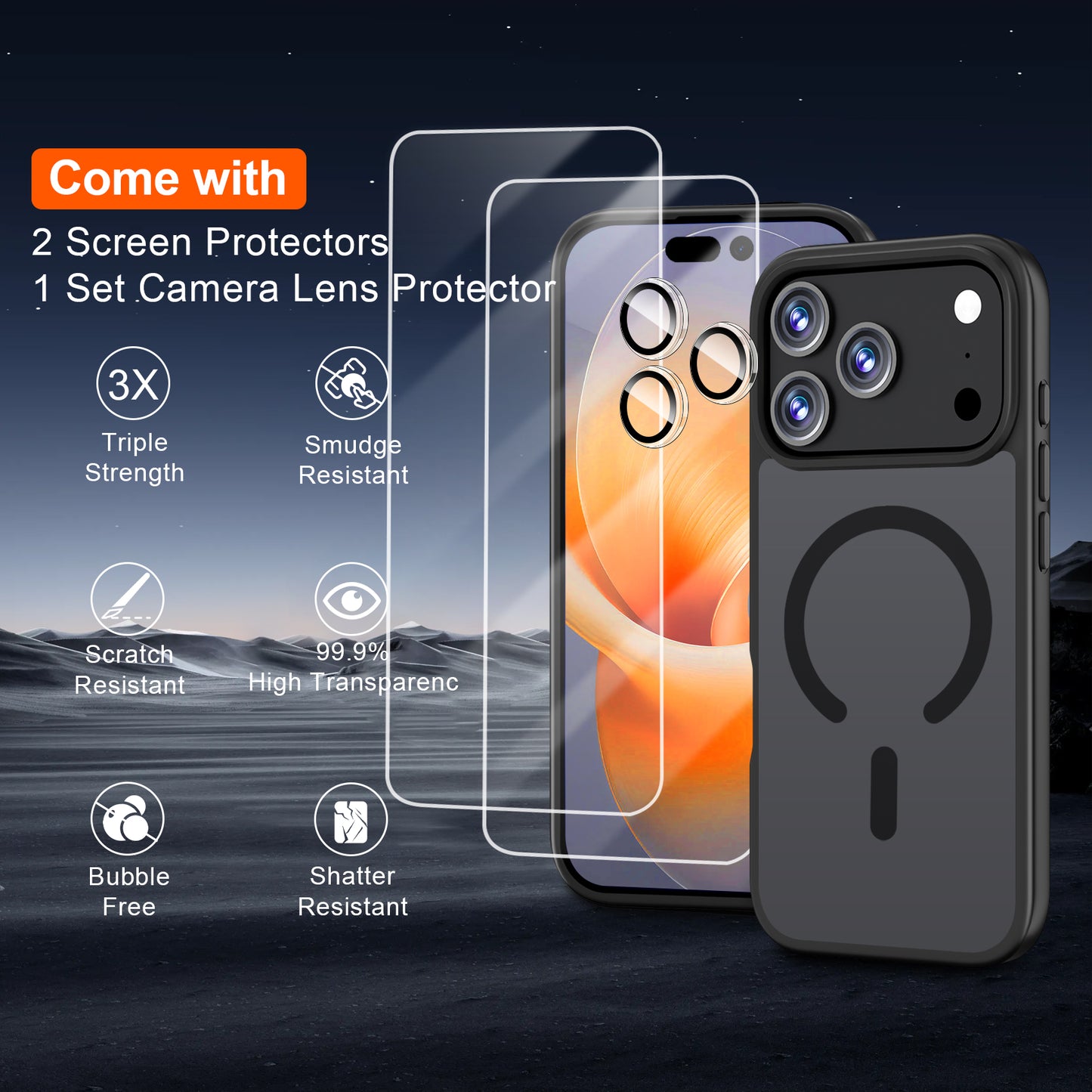QHOHQ Case for iPhone 17 Pro Max with 2 Tempered Glass and 1 Set Camera Protection, Compatible with MagSafe, Military Standard Protection, Magnetic Mobile Phone Case, Translucent Matt Back Protective Case