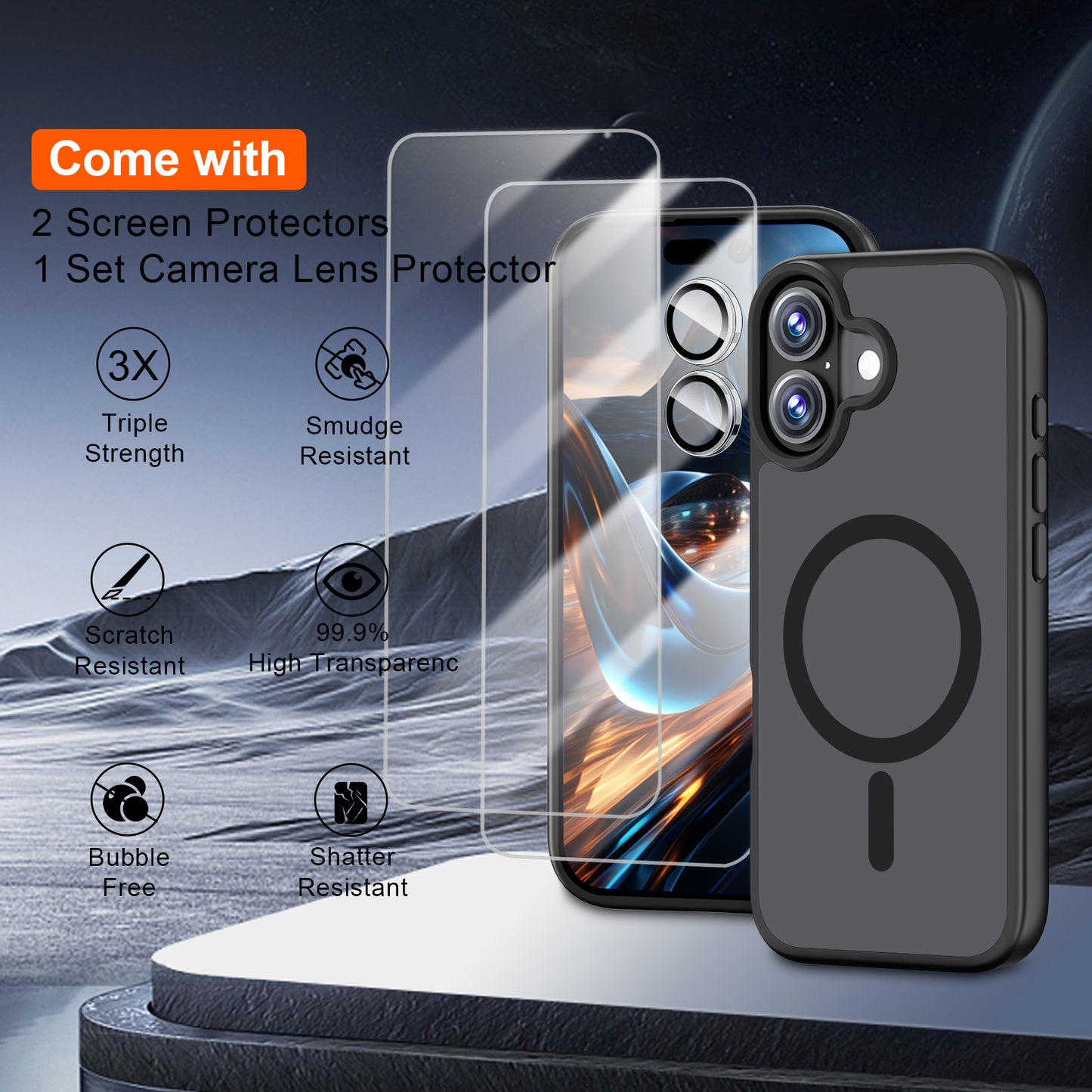 QHOHQ Case for iPhone 17 with 2 Tempered Glass and 1 Set Camera Protection, Compatible with MagSafe, Military Standard Protection, Magnetic Mobile Phone Case, Translucent Matt Back Protective Case