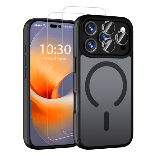 QHOHQ Case for iPhone 17 Pro Max with 2 Tempered Glass and 1 Set Camera Protection, Compatible with MagSafe, Military Standard Protection, Magnetic Mobile Phone Case, Translucent Matt Back Protective Case
