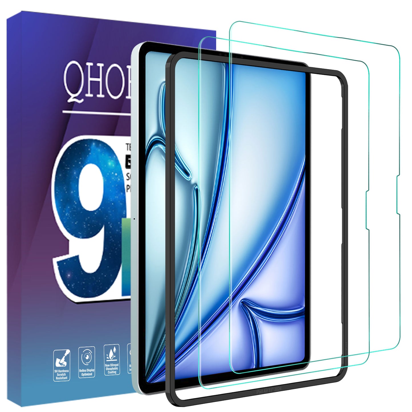 QHOHQ Screen Protector for iPad Air 11 inch M2 2024 6th Generation, Full Coverage Tempered Glass, [Face ID & Apple Pencil Compatible], with Easy Installation Frame, HD Clear, Anti Scratch [2 Pack]