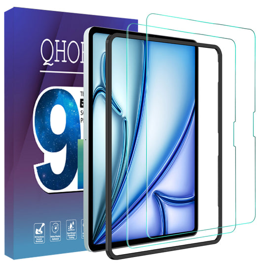 QHOHQ Screen Protector for iPad Air 11 inch M2 2024 6th Generation, Full Coverage Tempered Glass, [Face ID & Apple Pencil Compatible], with Easy Installation Frame, HD Clear, Anti Scratch [2 Pack]
