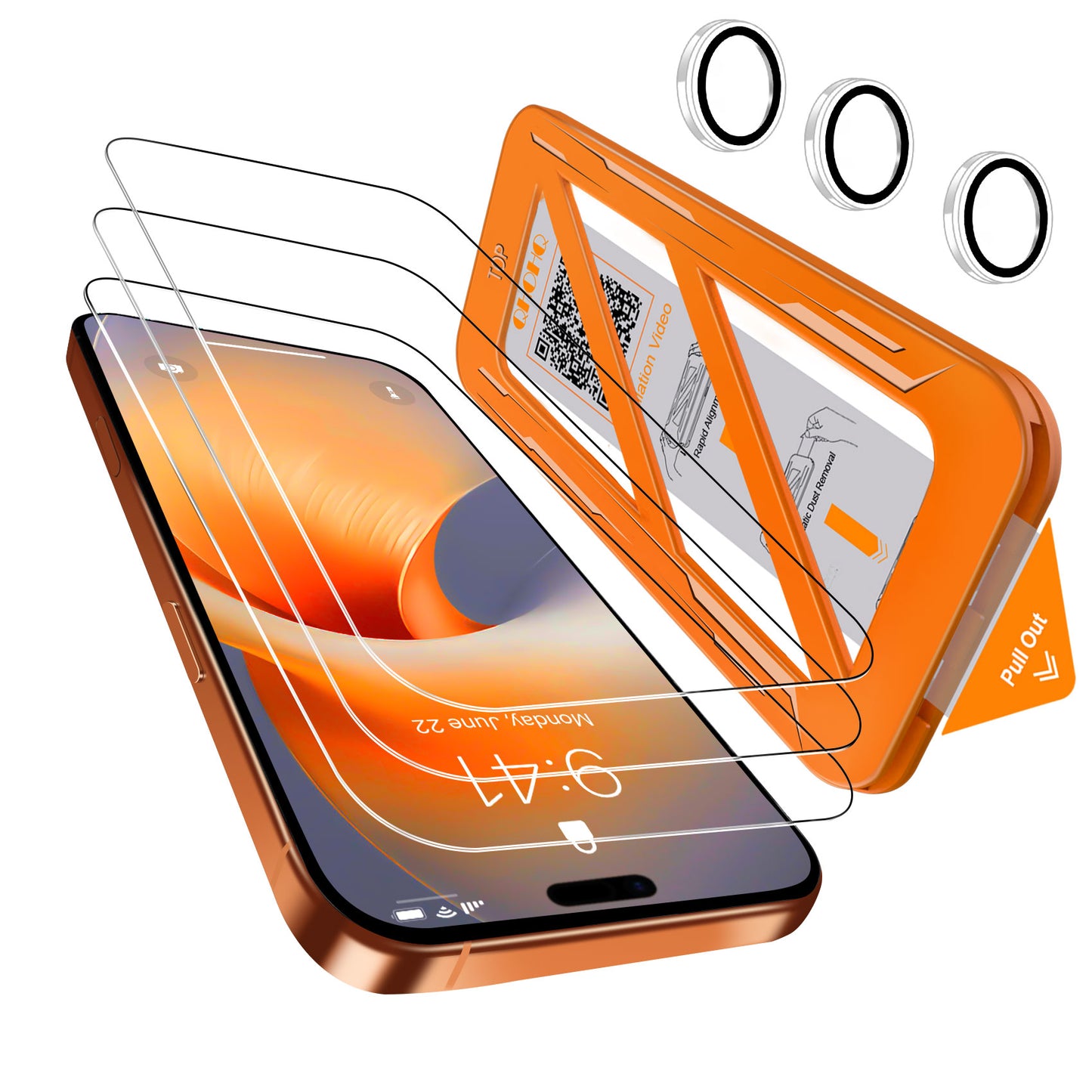 [1-Second Auto-Install] QHOHQ 3 Pack Screen Protector for iPhone 17 Pro Max + 1 Set Camera Lens Protector, 9H+ Shatterproof Tempered Glass, [12FT Military Grade Protection], Anti-Finger, Case Friendly