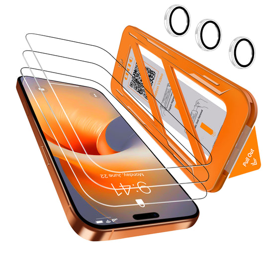 [1-Second Auto-Install] QHOHQ 3 Pack Screen Protector for iPhone 17 Pro Max + 1 Set Camera Lens Protector, 9H+ Shatterproof Tempered Glass, [12FT Military Grade Protection], Anti-Finger, Case Friendly
