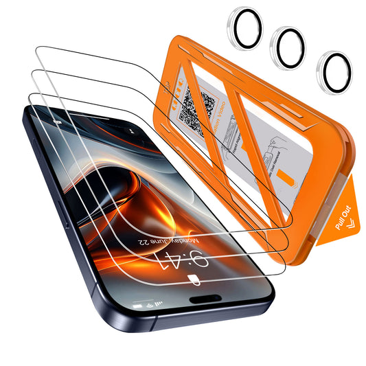 [1-Second Auto-Install] QHOHQ 3 Pack Screen Protector for iPhone 17 Pro + 1 Set Camera Lens Protector, 9H+ Shatterproof Tempered Glass, [12FT Military Grade Protection], Anti-Fingerprint,Case Friendly