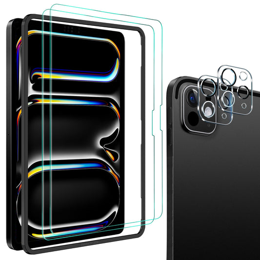 QHOHQ Screen Protector for iPad Pro 11 Inch M4 (2024) [with Camera Lens Protector], Full Coverage Tempered Glass, [Face ID & Apple Pencil Compatible], with Easy Installation Frame, HD Clear [2+2 Pack]