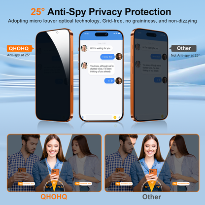 QHOHQ [1-Second Auto-Install] 3 Pack Privacy Screen Protector for iPhone 17 Pro Max + 1 Set Camera Lens Protector, 25° Anti Spy Tempered Glass, [12FT Military Grade Shatterproof], Case Friendly