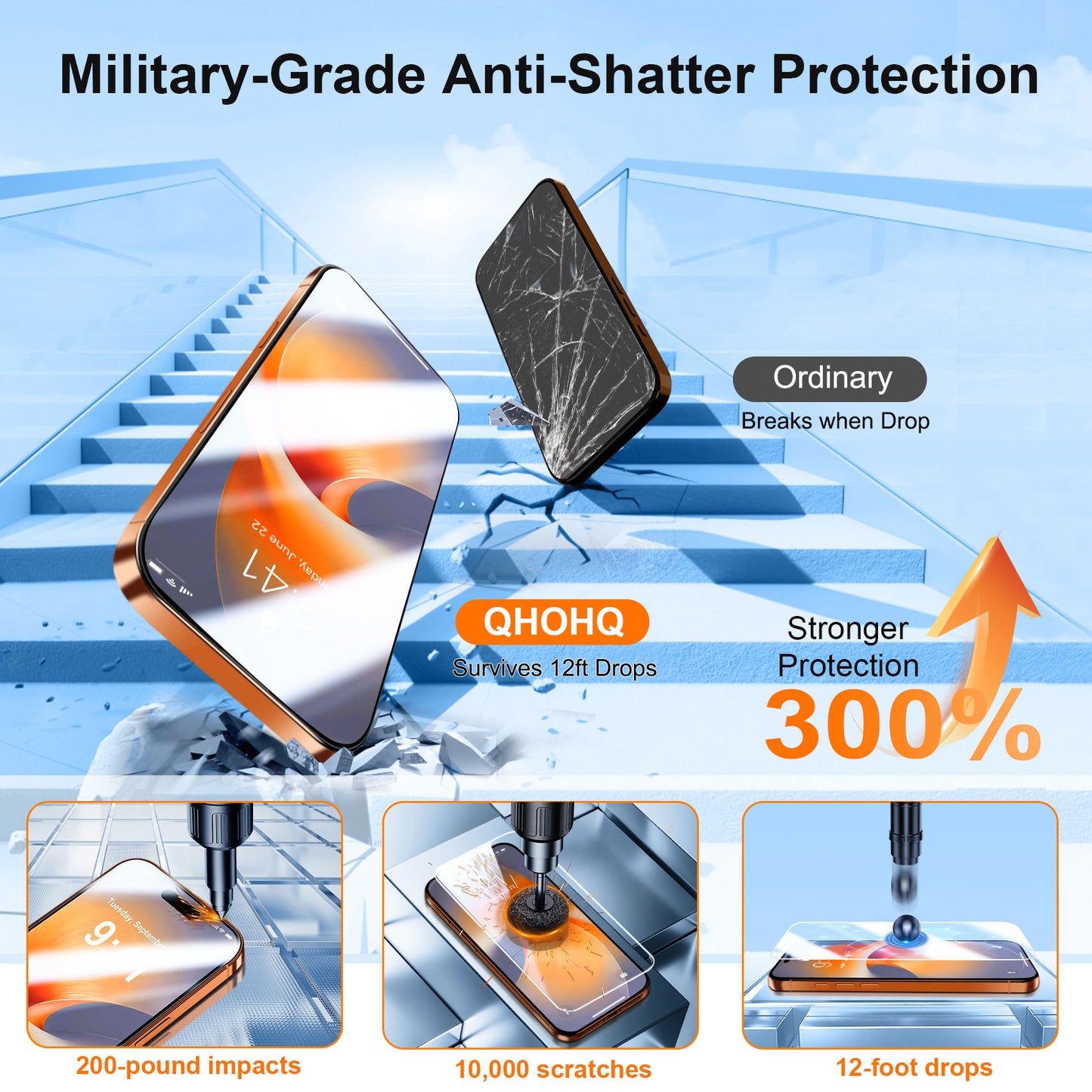 [1-Second Auto-Install] QHOHQ 3 Pack Screen Protector for iPhone 17 Pro Max + 1 Set Camera Lens Protector, 9H+ Shatterproof Tempered Glass, [12FT Military Grade Protection], Anti-Finger, Case Friendly