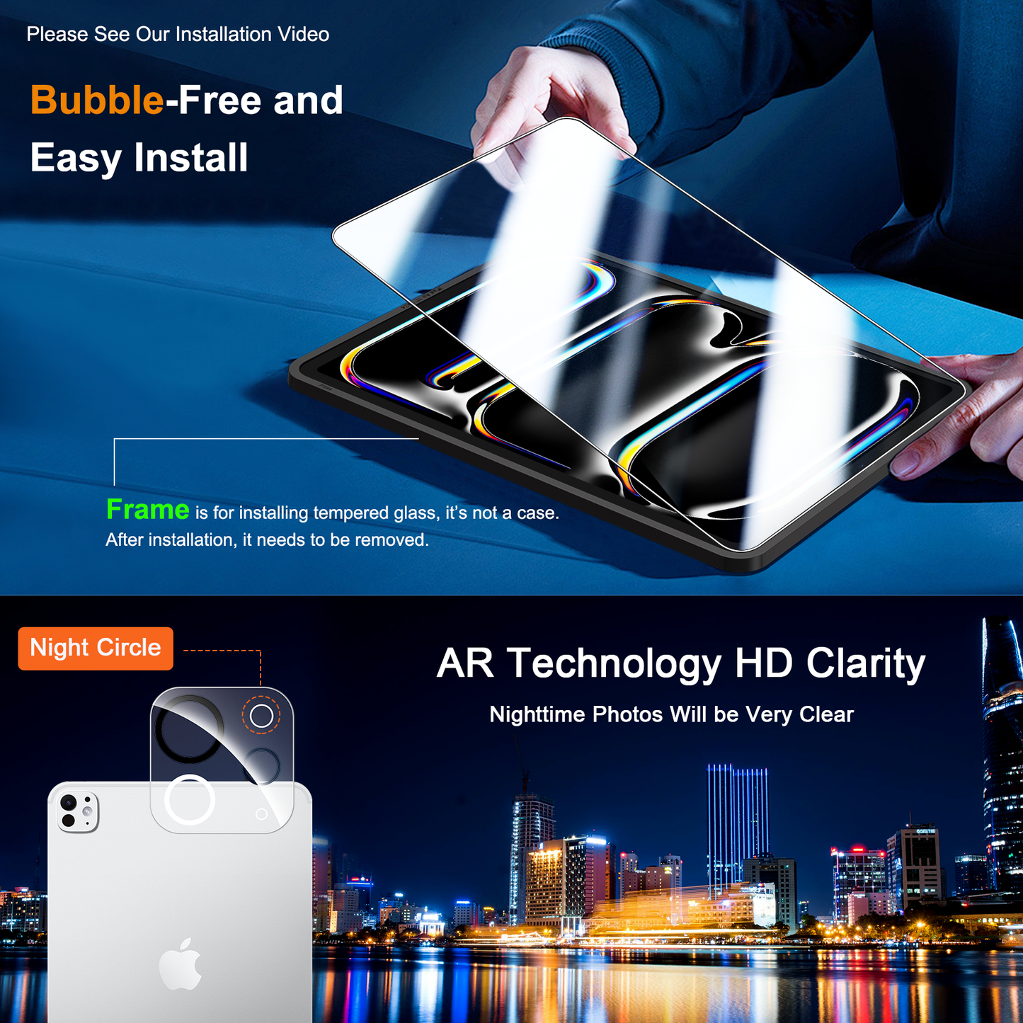 QHOHQ Screen Protector for iPad Pro 13 Inch M4 (2024) [with Camera Lens Protector], Full Coverage Tempered Glass, [Face ID & Apple Pencil Compatible], with Easy Installation Frame, HD Clear [2+2 Pack]