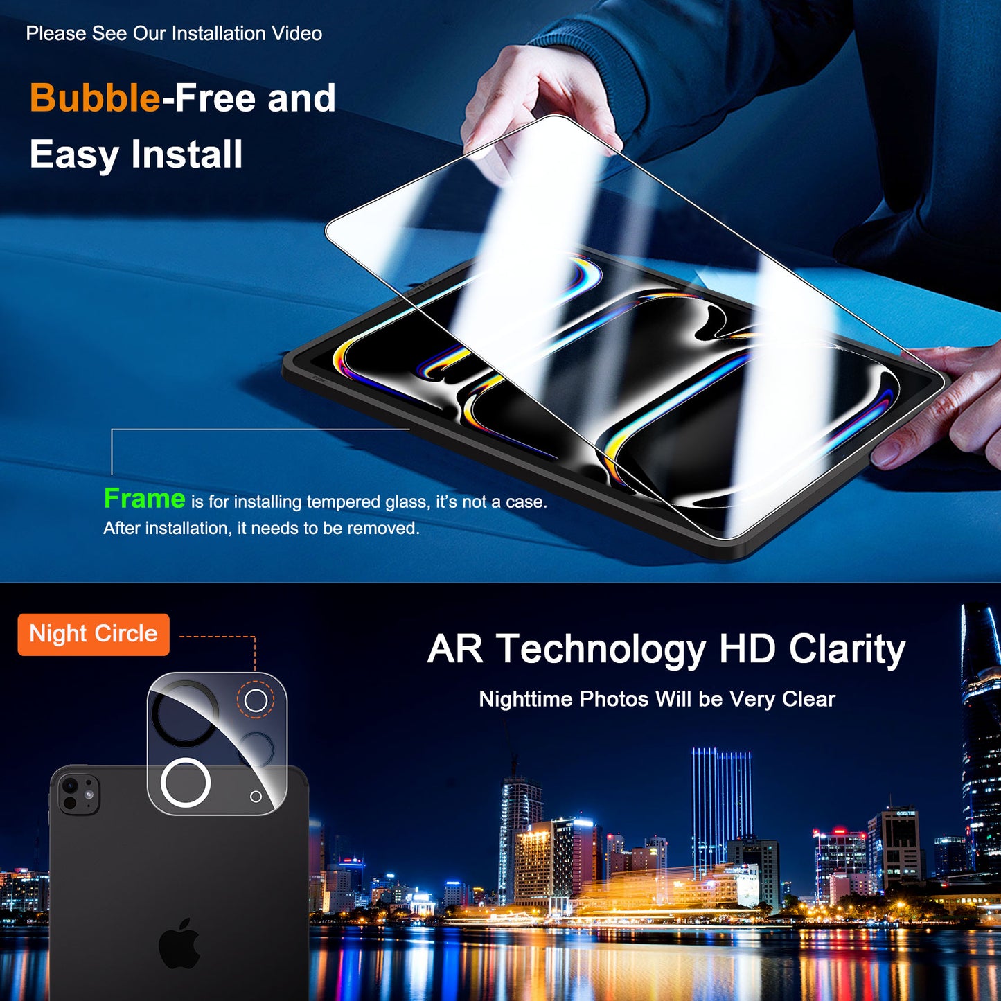 QHOHQ Screen Protector for iPad Pro 11 Inch M4 (2024) [with Camera Lens Protector], Full Coverage Tempered Glass, [Face ID & Apple Pencil Compatible], with Easy Installation Frame, HD Clear [2+2 Pack]