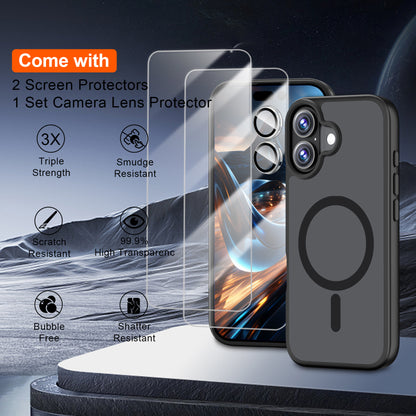 QHOHQ Case for iPhone 17 with 2 Tempered Glass and 1 Set Camera Protection, Compatible with MagSafe, Military Standard Protection, Magnetic Mobile Phone Case, Translucent Matt Back Protective Case